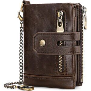 ✨Men Brown Chain Wallets Bifold Blocking with Chain Leather with Coin Pocket